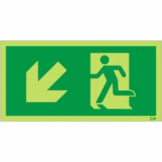 Photoluminescent (Glow in the Dark) Self Adhesive (Class C) Fire Exit Symbol Only with Arrow Down Left Sign