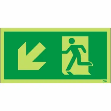 Click Here To Enlarge This Photo Of Photoluminescent (Glow in the Dark) Rigid Plastic (Class C) Fire Exit Symbol Only with Arrow Down Left Sign