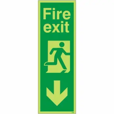 Click Here To Enlarge This Photo Of Photoluminescent (Glow in the Dark) Rigid Plastic (Class C) Fire Exit Arrow Down Sign