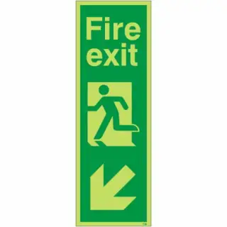 Photoluminescent (Glow in the Dark) Rigid Plastic (Class C) Fire Exit Arrow Down Left Sign