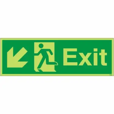 Click Here To Enlarge This Photo Of Photoluminescent (Glow in the Dark) Rigid Plastic (Class C) Exit Arrow Down Left Sign