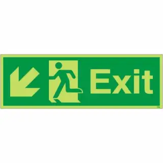 Photoluminescent (Glow in the Dark) Rigid Plastic (Class C) Exit Arrow Down Left Sign