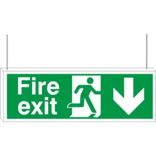 Rigid Plastic (3mm) Fire Exit Down Arrow Double Sided Hanging Sign