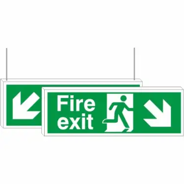 Click Here To Enlarge This Photo Of Rigid Plastic (3mm) Fire Exit Down Arrow Down Left/Right Double Sided Hanging Sign