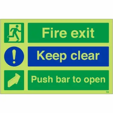 Click Here To Enlarge This Photo Of Photoluminescent (Glow in the Dark) Rigid Plastic (Class C) "Fire Exit Keep Clear - Push Bar To Open" Sign