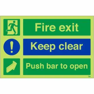 Photoluminescent (Glow in the Dark) Rigid Plastic (Class C) "Fire Exit Keep Clear - Push Bar To Open" Sign