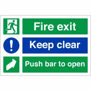 Rigid Plastic (2mm) "Fire Exit Keep Clear - Push Bar To Open" Sign