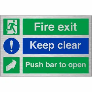 Brushed Aluminium (3mm) "Fire Exit Keep Clear - Push Bar To Open" Sign
