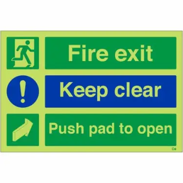 Click Here To Enlarge This Photo Of Photoluminescent (Glow in the Dark) Rigid Plastic (Class C) "Fire Exit Keep Clear - Push Pad To Open" Sign