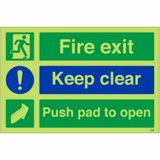 Photoluminescent (Glow in the Dark) Rigid Plastic (Class C) "Fire Exit Keep Clear - Push Pad To Open" Sign