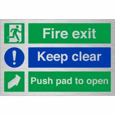 Click Here To Enlarge This Photo Of Brushed Aluminium (3mm) "Fire Exit Keep Clear - Push Pad To Open" Sign