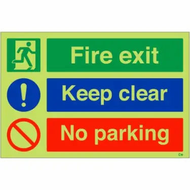 Click Here To Enlarge This Photo Of Photoluminescent (Glow in the Dark) Rigid Plastic (Class C) "Fire Exit Keep Clear - No Parking" Sign