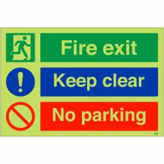 Photoluminescent (Glow in the Dark) Rigid Plastic (Class C) "Fire Exit Keep Clear - No Parking" Sign