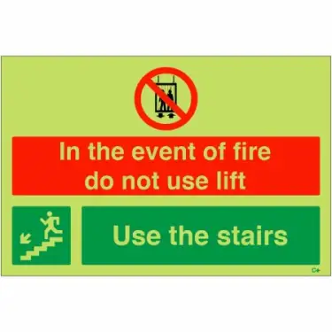 Click Here To Enlarge This Photo Of Photoluminescent (Glow in the Dark) Rigid Plastic (Class C) "In The Event Of Fire Do Not Use Lift - Use Stairs" Down Left Sign