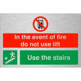 Brushed Aluminium (3mm) "In The Event Of Fire Do Not Use Lift - Use Stairs" Down Left Sign