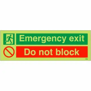 Photoluminescent (Glow in the Dark) Self Adhesive (Class C) "Emergency Exit - Do Not Block" Sign