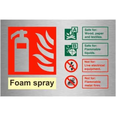 Click Here To Enlarge This Photo Of Brushed Aluminium (3mm) Foam Spray Fire Extinguisher ID Sign - 150mm x 100mm