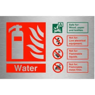 Brushed Aluminium (3mm) Water Fire Extinguisher ID Sign - 150mm x 100mm