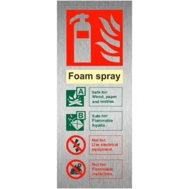 Click Here To Enlarge This Photo Of Brushed Aluminium (3mm) Foam Spray Fire Extinguisher ID Sign - 75mm x 200mm