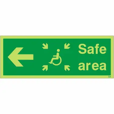 Click Here To Enlarge This Photo Of Photoluminescent (Glow in the Dark) Rigid Plastic (Class C) Safe Area Left Refuge Sign - 400mm x 150mm