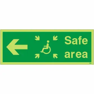 Photoluminescent (Glow in the Dark) Rigid Plastic (Class C) Safe Area Left Refuge Sign - 400mm x 150mm
