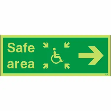 Click Here To Enlarge This Photo Of Photoluminescent (Glow in the Dark) Rigid Plastic (Class C) Safe Area Right Refuge Sign - 400mm x 150mm