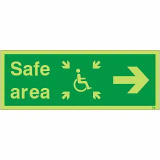 Photoluminescent (Glow in the Dark) Rigid Plastic (Class C) Safe Area Right Refuge Sign - 400mm x 150mm