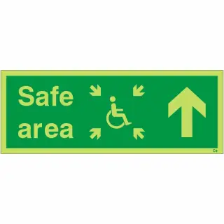 Photoluminescent (Glow in the Dark) Rigid Plastic (Class C) Safe Area Up Refuge Sign - 400mm x 150mm