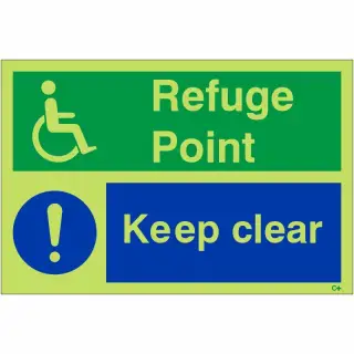 Photoluminescent (Glow in the Dark) Rigid Plastic (Class C) Refuge Point Keep Clear Sign - 300mm x 200mm