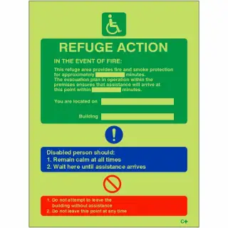 Photoluminescent (Glow in the Dark) Rigid Plastic (Class C) Fire Action Refuge Sign - 150mm x 200mm