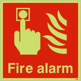 Photoluminescent (Glow in the Dark) Self Adhesive (Class C) Fire Alarm Sign - Square