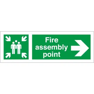 Rigid Plastic (1mm) Fire Assembly Point Sign With Right Arrow - 400mm x 150mm