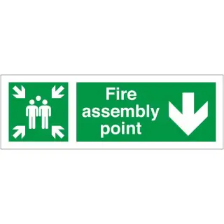 Self Adhesive Vinyl Fire Assembly Point Sign With Down Arrow - 400mm x 150mm