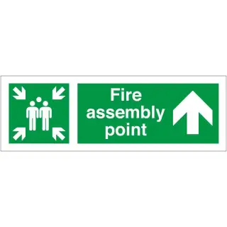 Self Adhesive Vinyl Fire Assembly Point Sign With Up Arrow - 400mm x 150mm