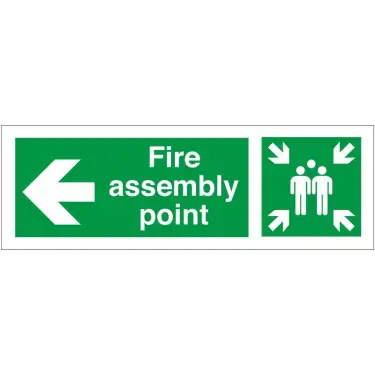 Click Here To Enlarge This Photo Of Self Adhesive Vinyl Fire Assembly Point Sign With Left Arrow - 400mm x 150mm