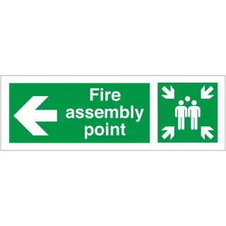Self Adhesive Vinyl Fire Assembly Point Sign With Left Arrow - 400mm x 150mm