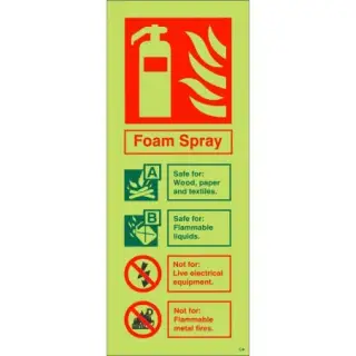Photoluminescent (Glow in the Dark) Self Adhesive (Class C) Foam Spray Fire Extinguisher ID Sign - 75mm x 200mm
