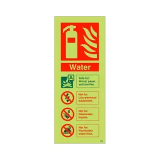 Photoluminescent (Glow in the Dark) Self Adhesive (Class C) Water Fire Extinguisher ID Sign - 75mm x 200mm