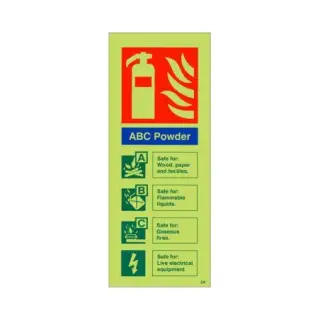 Photoluminescent (Glow in the Dark) Self Adhesive (Class C) ABC Powder Fire Extinguisher ID Sign - 75mm x 200mm