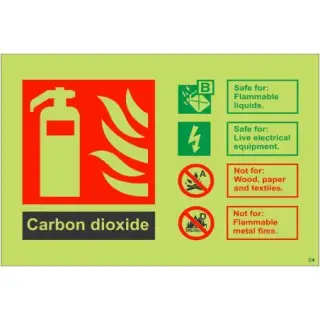 Photoluminescent (Glow in the Dark) Self Adhesive (Class C) Carbon Dioxide Fire Extinguisher ID Sign - 150mm x 100mm