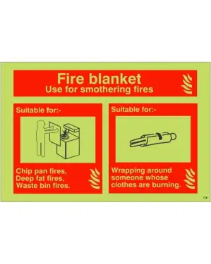 Click Here To Enlarge This Photo Of Photoluminescent (Glow in the Dark) Self Adhesive (Class C) Fire Blanket Fire Sign - 150mm x 100mm