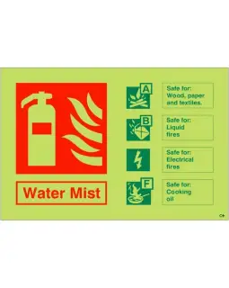 Photoluminescent (Glow in the Dark) Self Adhesive (Class C) Water Mist Fire Extinguisher Sign - 150mm x 100mm