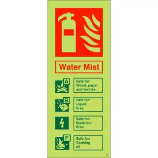 Photoluminescent (Glow in the Dark) Self Adhesive (Class C) Water Mist Sign - 75mm x 200mm