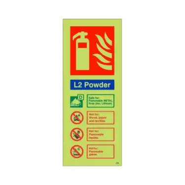 Click Here To Enlarge This Photo Of Photoluminescent (Glow in the Dark) Self Adhesive (Class C) L2 Powder Fire Extinguisher ID Sign - 75mm x 200mm