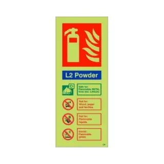 Photoluminescent (Glow in the Dark) Self Adhesive (Class C) L2 Powder Fire Extinguisher ID Sign - 75mm x 200mm