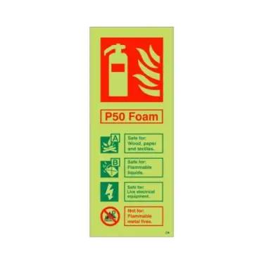 Click Here To Enlarge This Photo Of Photoluminescent (Glow in the Dark) Self Adhesive (Class C) P50 Foam Fire Extinguisher ID Sign - 75mm x 200mm