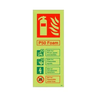 Photoluminescent (Glow in the Dark) Self Adhesive (Class C) P50 Foam Fire Extinguisher ID Sign - 75mm x 200mm