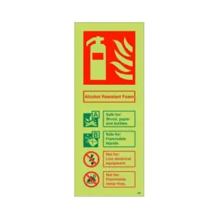 Photoluminescent (Glow in the Dark) Self Adhesive (Class C) Alcohol Resistant Foam Fire Extinguisher ID Sign - 75mm x 200mm