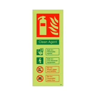 Photoluminescent (Glow in the Dark) Self Adhesive (Class C) Clean Agent Fire Extinguisher ID Sign - 75mm x 200mm