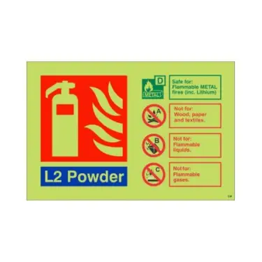 Click Here To Enlarge This Photo Of Photoluminescent (Glow in the Dark) Self Adhesive (Class C) L2 Powder Fire Extinguisher ID Sign - 150mm x 100mm